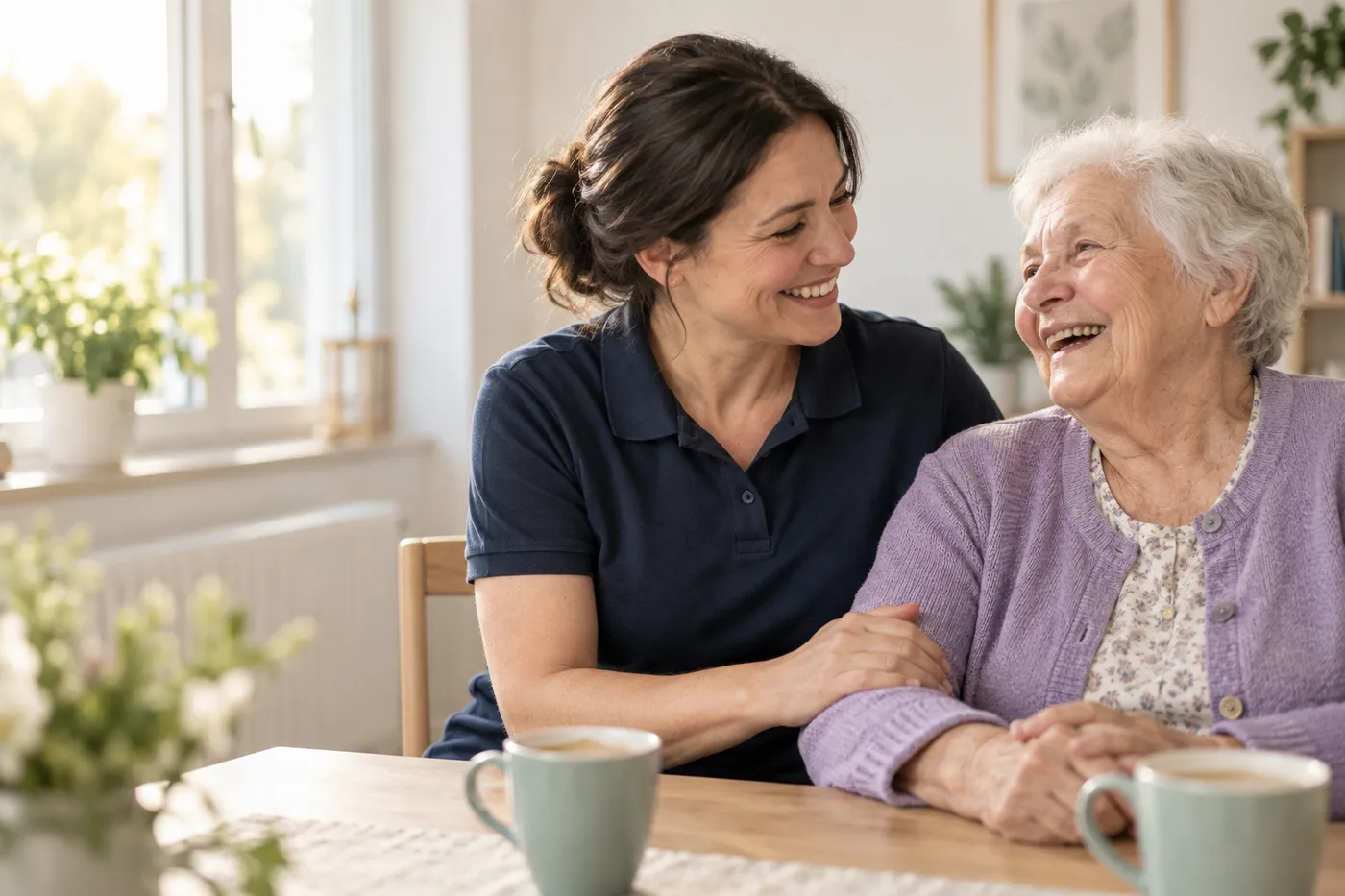 Eine Pflegekraft und eine ältere Frau lachen zusammen am Kaffeetisch.