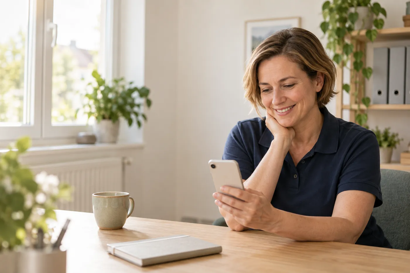Eine Pflegedienstleiterin sitzt im Büro und schaut lächelnd auf ihr Handy.