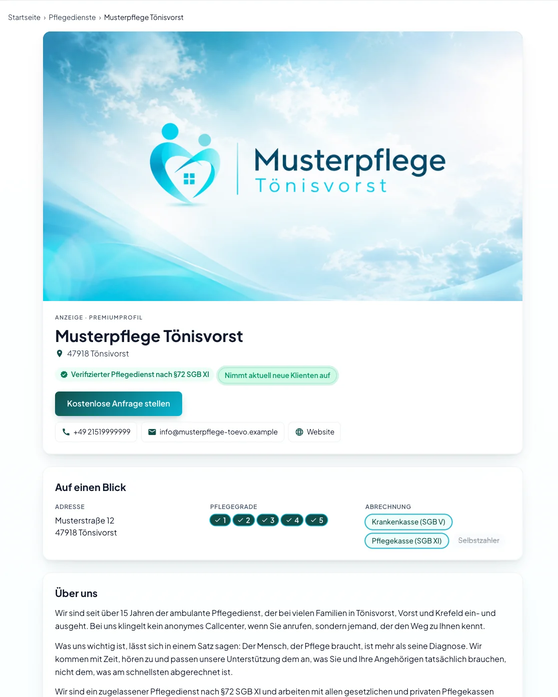 Beispiel eines Premium-Profils auf PflegeMatch mit Titelbild, Verfügbarkeits-Badge und Foto-Galerie
