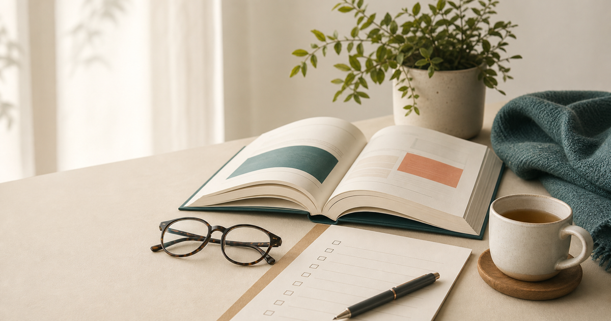 Offenes Handbuch, Checkliste und Teetasse als Symbol für sorgfältige Orientierung